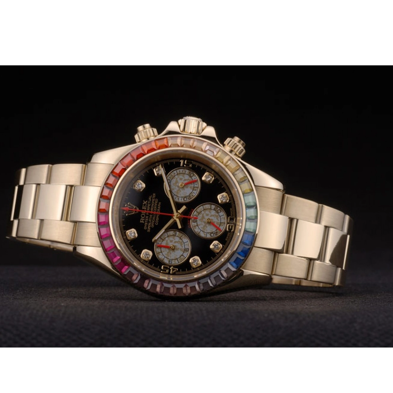 MiroTime 0816 Rolex Daytona Cosmograph Rainbow Crystals Bezel Rose Gold Strap Black Dial 80251
